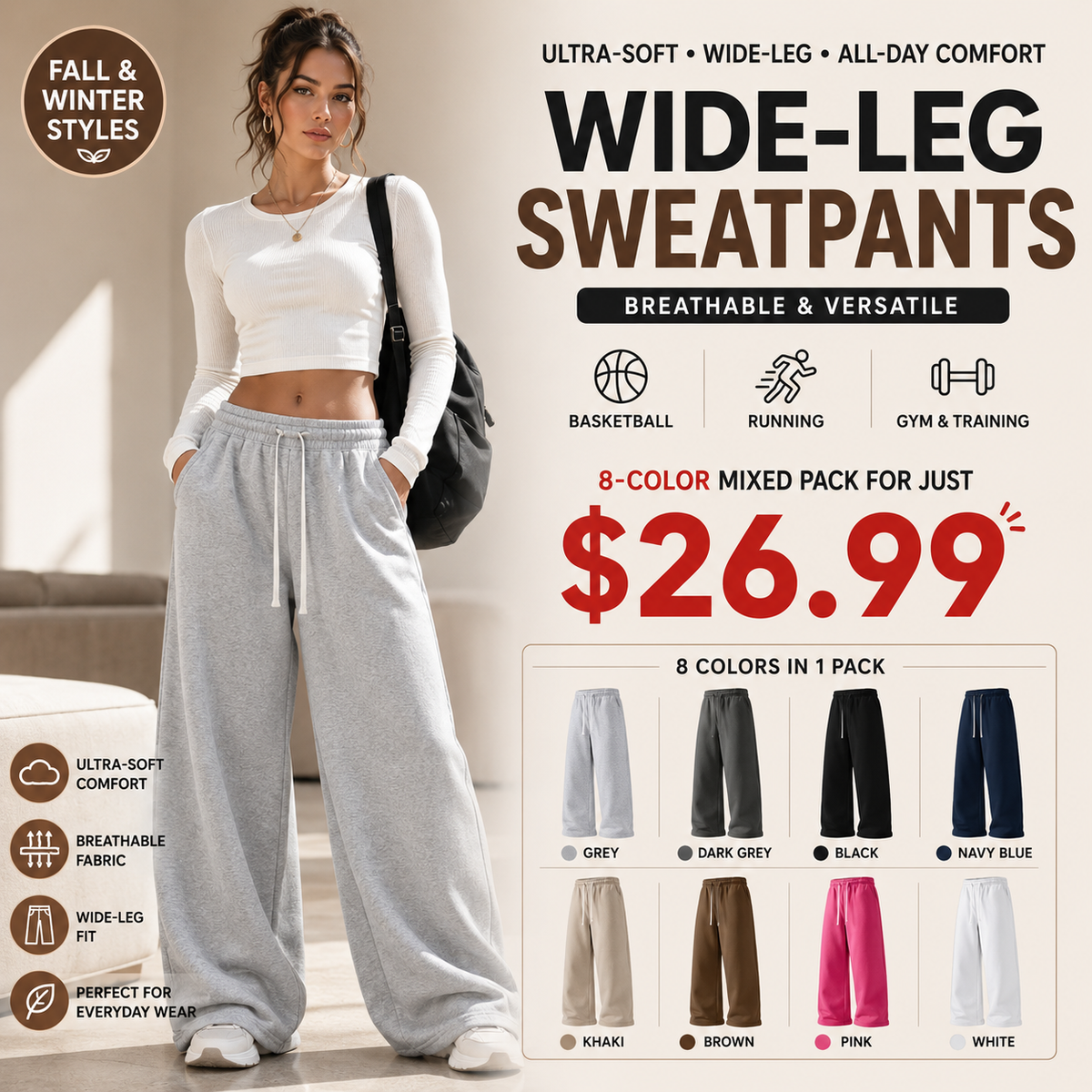Winter Styles Ultra-Soft Wide-Leg Sweatpants | Breathable athletic pants for basketball, running, and gym ,clothes for back to school,first day of school outfits