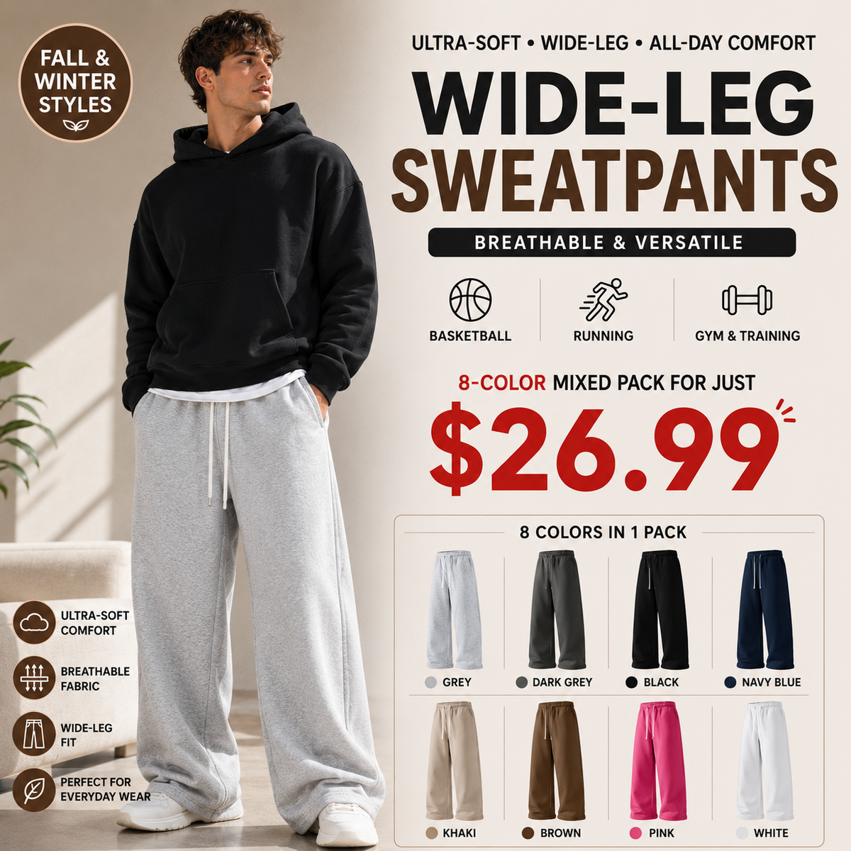 Winter Styles Ultra-Soft Wide-Leg Sweatpants | Breathable athletic pants for basketball, running, and gym ,clothes for back to school,first day of school outfits