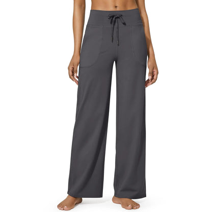 Women's High-Waisted Wide-Leg Athletic Pants – Stretchy Casual Yoga Pants with Pockets, Comfortable for Fitness and Everyday Wear (2026 Series, Grey, Apparel)