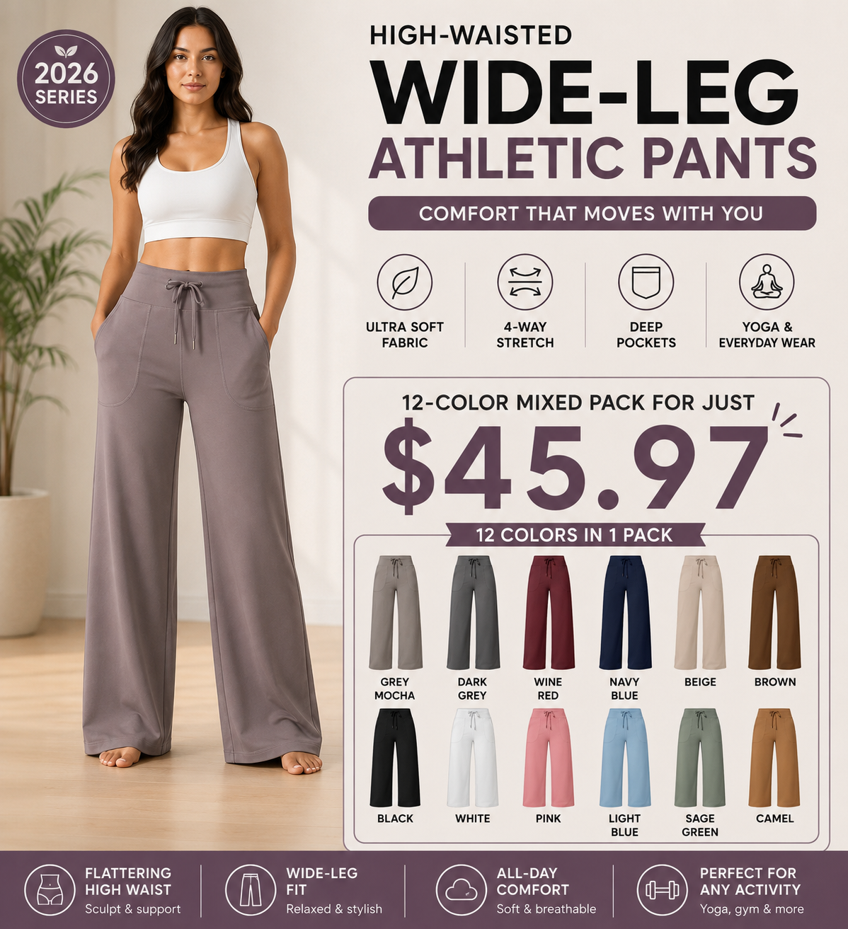 Women's High-Waisted Wide-Leg Athletic Pants – Stretchy Casual Yoga Pants with Pockets, Comfortable for Fitness and Everyday Wear (2026 Series, Grey, Apparel)
