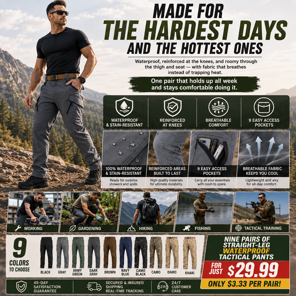 Men's 9-Pocket Straight Fit Tactical Waterproof Pants