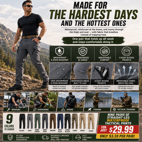Men's 9-Pocket Straight Fit Tactical Waterproof Pants