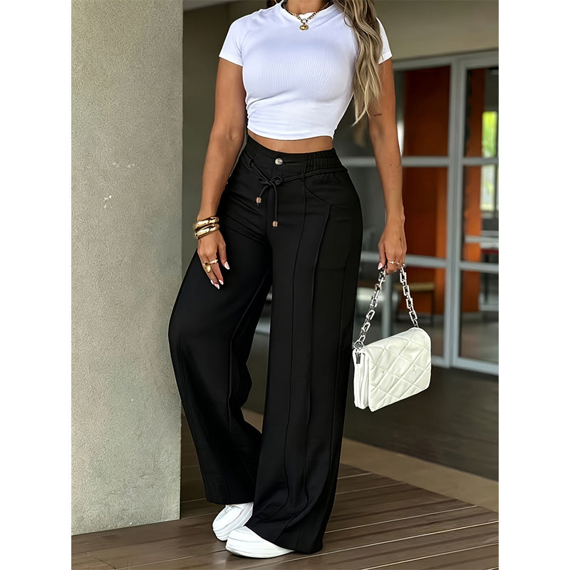 Women's high-waisted, straight-leg trousers – front seam & elasticated back waistband – versatile, comfortable & perfect for the office or leisure