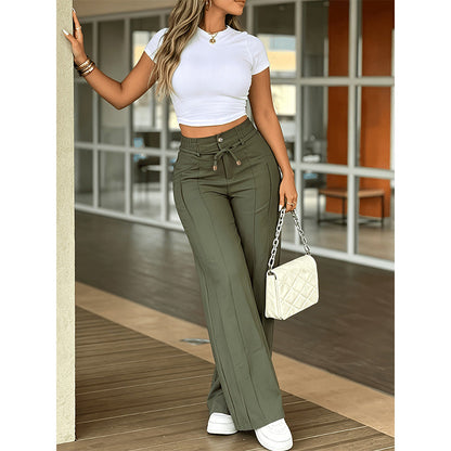 Women's high-waisted, straight-leg trousers – front seam & elasticated back waistband – versatile, comfortable & perfect for the office or leisure