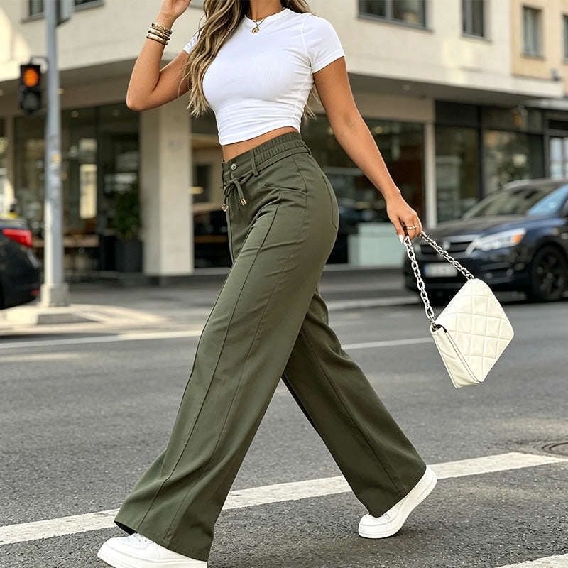 Women's high-waisted, straight-leg trousers – front seam & elasticated back waistband – versatile, comfortable & perfect for the office or leisure