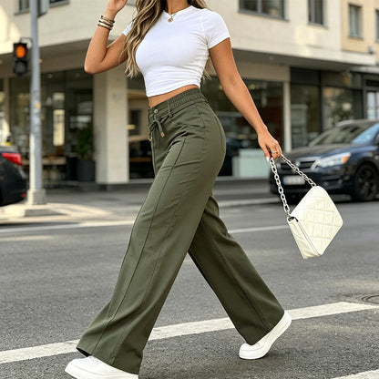 Women's high-waisted, straight-leg trousers – front seam & elasticated back waistband – versatile, comfortable & perfect for the office or leisure